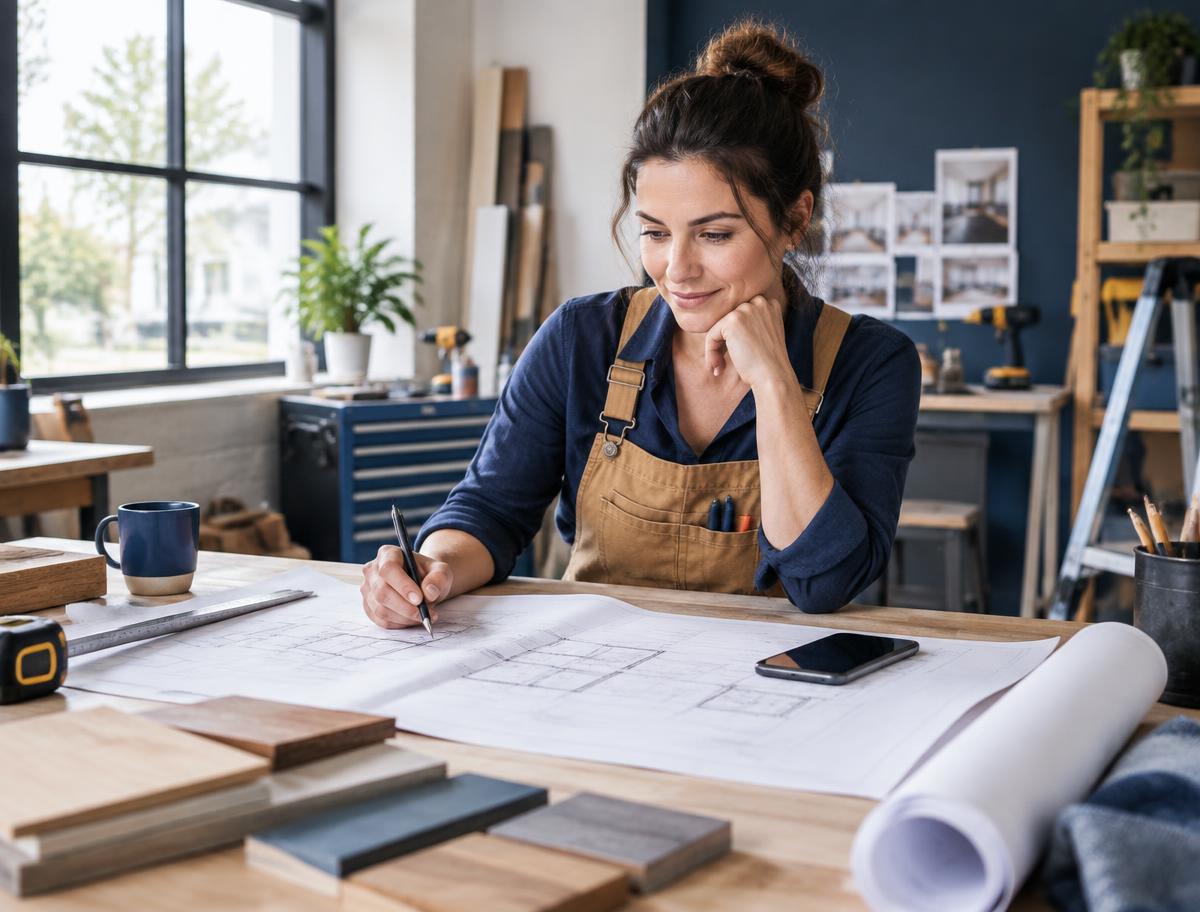 Small business owner working on plans while her phone is nearby