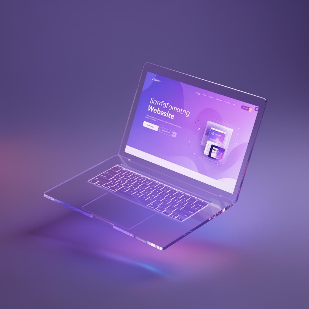 Floating glass laptop showing a smart AI-optimized website