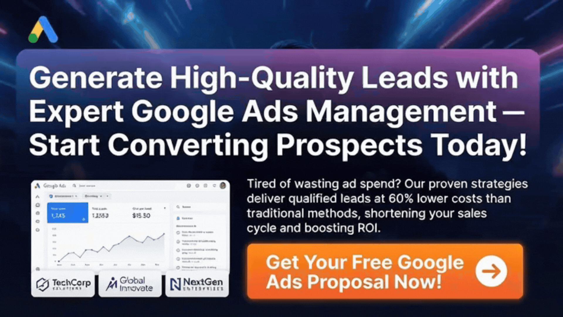 Graphic promoting lead generation services with a focus on Google Ads management and statistics for conversion rates.